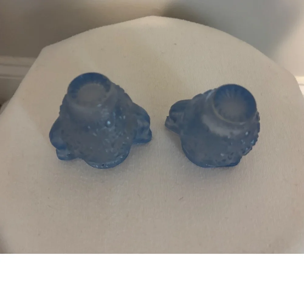 Vintage Blue Frosted Satin Glass Miniature Cream and Sugar Set Starburst Daisy